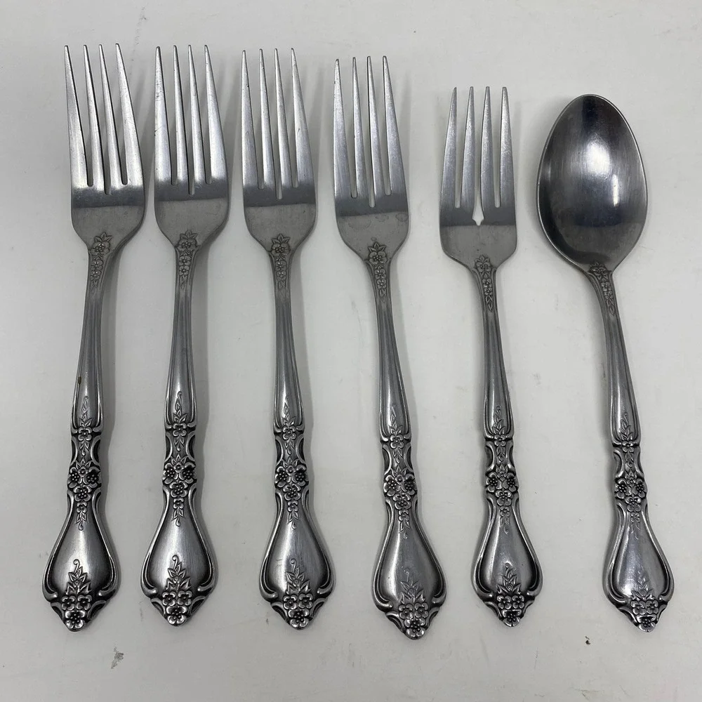 Vtg 6pc Set Wm. Rogers & Son Flatware Mid-Century Silver Floral Stainless Korea